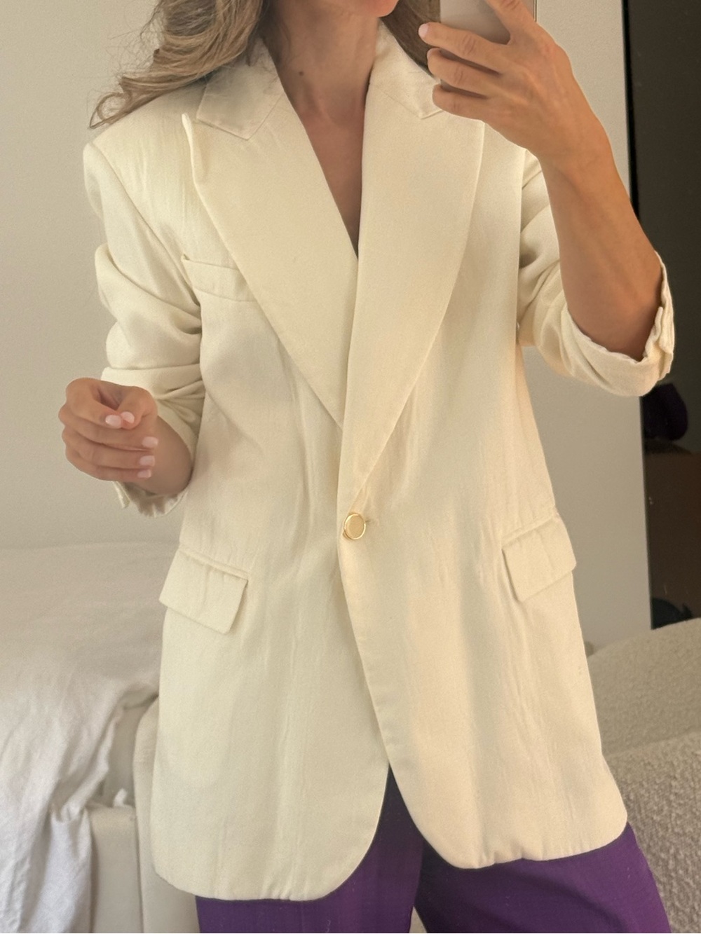 Sandro White Single-Button Blazer with Gold Ring Detail